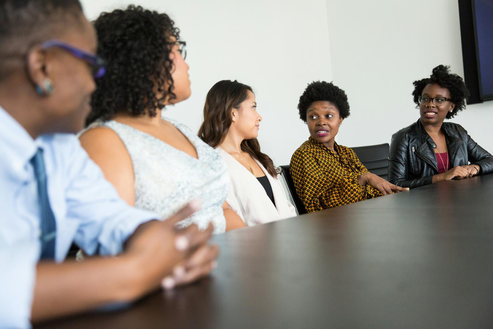 Five people talking around a conference table.